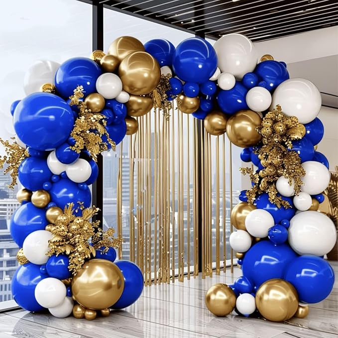 Royal Blue and Gold Balloon Garland Arch Kit, 160Pcs Navy Blue White Chrome Gold Latex Balloons for New Year Wedding Birthday Party Decorations