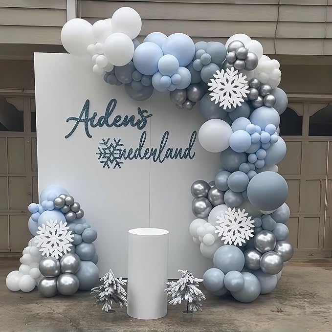 Baby Blue White Winter Wonderland Balloons, 60PCS Dusty Blue and White Metallic Silver Snowflakes Balloons for Ice Snow Wonderland Wedding Birthday Baby Shower Christmas New Year’s Party Decorations