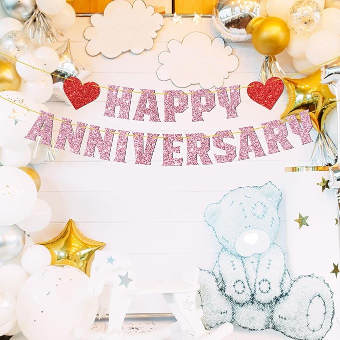 Happy Anniversary Banner Pink Glitter 10th 20th 30th Wedding Birthday Anniversary Party Decorations Supplies We Still Do