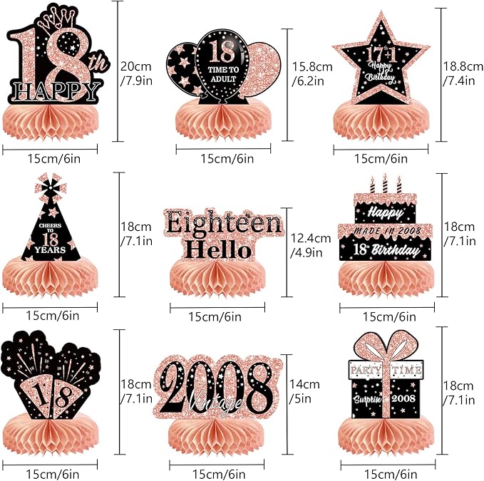 9Pcs Rose Gold Pink 18th Birthday Decorations Honeycomb Centerpieces for Girls,Happy 18th Birthday Centerpieces Tables Toppers Party Decorations Supplies,Vintage 2008 Aged Table Sign Decor