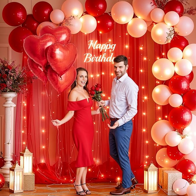 30x10ft Red Tulle Backdrop Curtain with Lights String for Parites, Sheer Backdrop Curtains for Wedding Baby Shower Birthday Party Photo Shoot Decorations