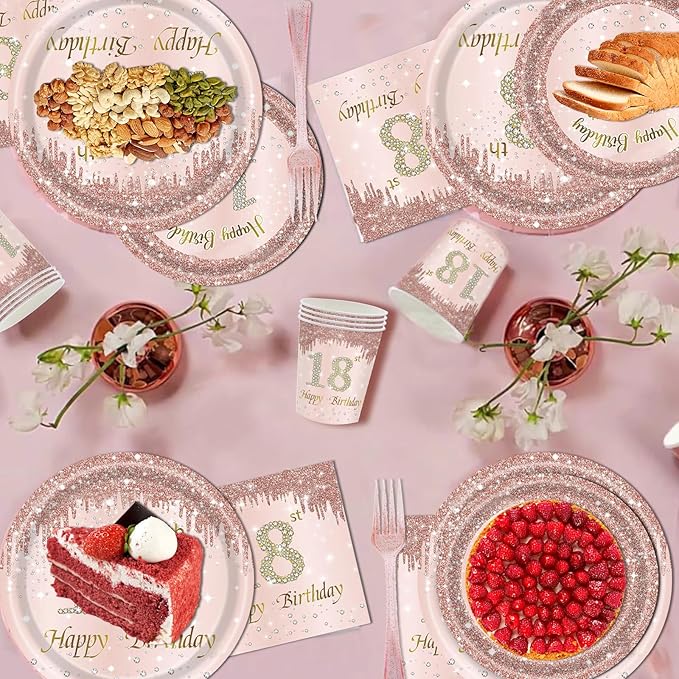 121Pcs 18th Birthday Party Supplies Plates Napkins Cups Forks Tablecloth Rose Gold Happy 18th Birthday Themed Disposable Tableware Decorations Serves 24 Guests for Girls 18 Years