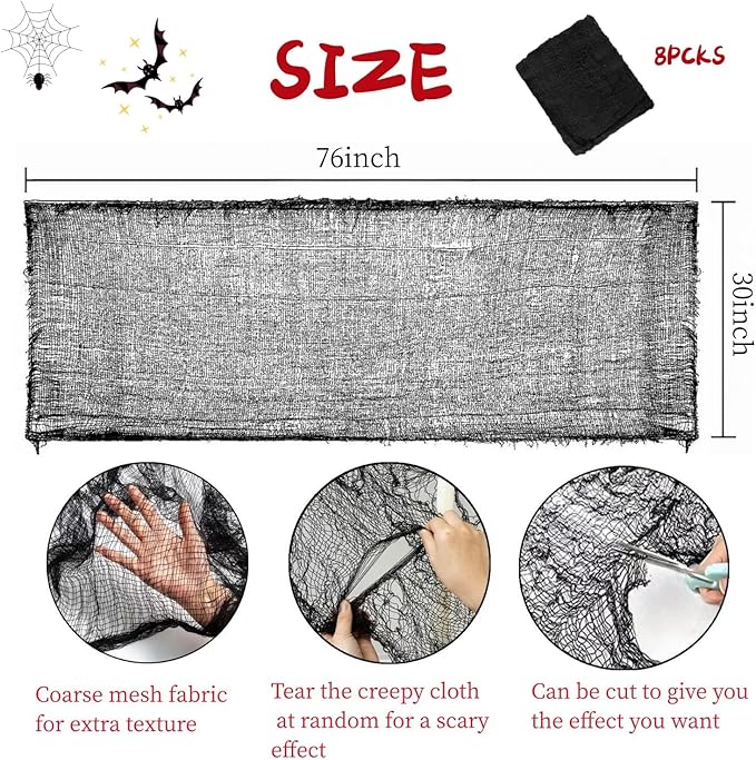 Halloween Creepy Cloth - 8 Pack Black - 76x30 Inch Cotton Gauze Fabric - DIY Spooky Decor for Haunted House,Spider Web,Ghost - Indoor Outdoor Halloween Party Decorations