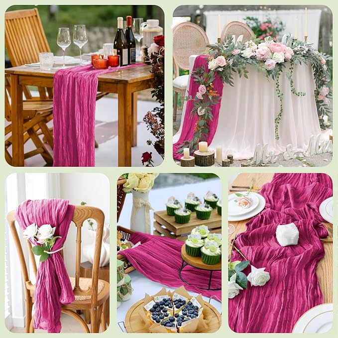 Wokceer Cheesecloth Table Runner 2Pack 10FT Fuchsia Boho Gauze Cheese Cloth Table Runner for Party Long Rustic Sheer Table Runners for Baby Bridal Shower Wedding Easter Table Decor