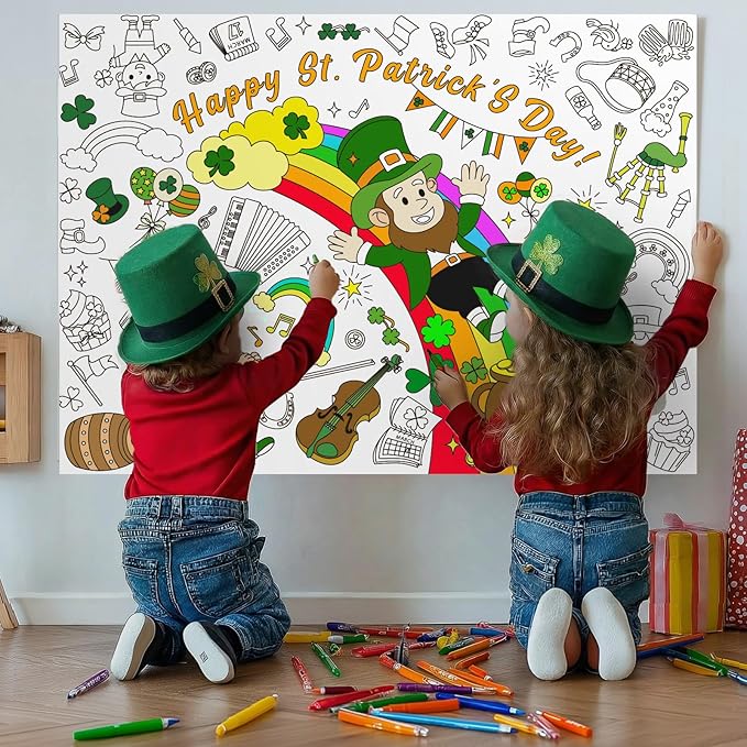 Labeol St Patricks Day Decorations Coloring Tablecloth for Kids Giant Coloring Poster Banner St Patricks Day Crafts Gifts for Kids Party Decor