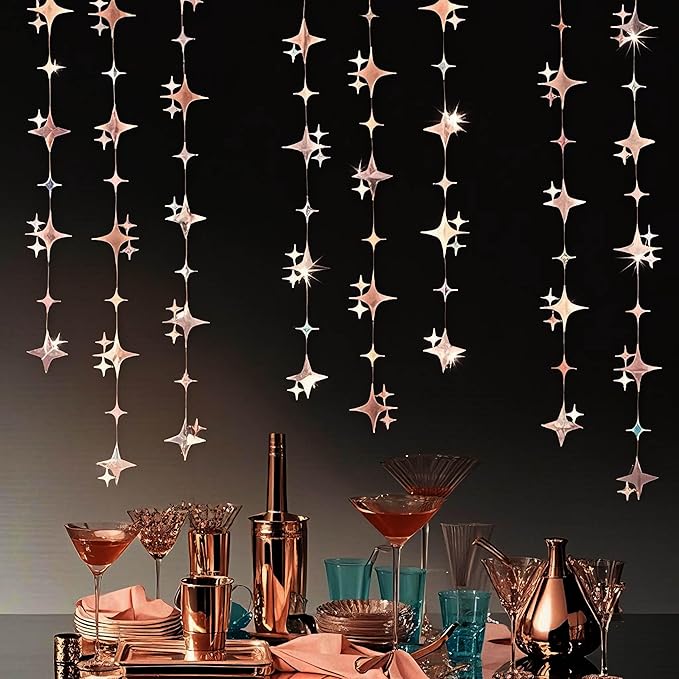 Glitter Rose Gold Four-Angle Star Paper Garland Banner Décor 40 Feet Twinkle Rose Gold Star Hanging Bunting Banner Backdrop for Wedding Baby Shower Birthday Graduation Disco Party Decorations