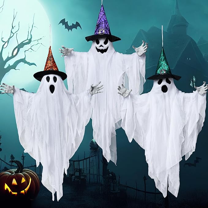 JOYIN 3 Pack 24.8" Halloween Hanging Ghost Decorations, Halloween White Flying Ghost with Hats for Haunted House Graveyard Scene, Spooky Indoor and Outdoor Decor
