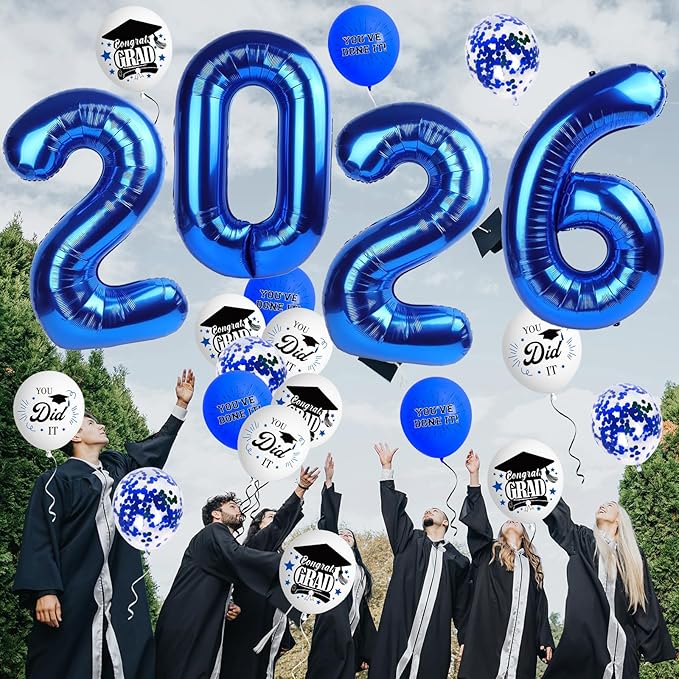 Graduation Decorations 2026, Class of 2026 Backdrop, Banner, 2026 Foil Balloons, Tablecloth, Hanging Swirls, Honeycomb Centerpieces, Party Supplies Decorations Set for College (BLUE)