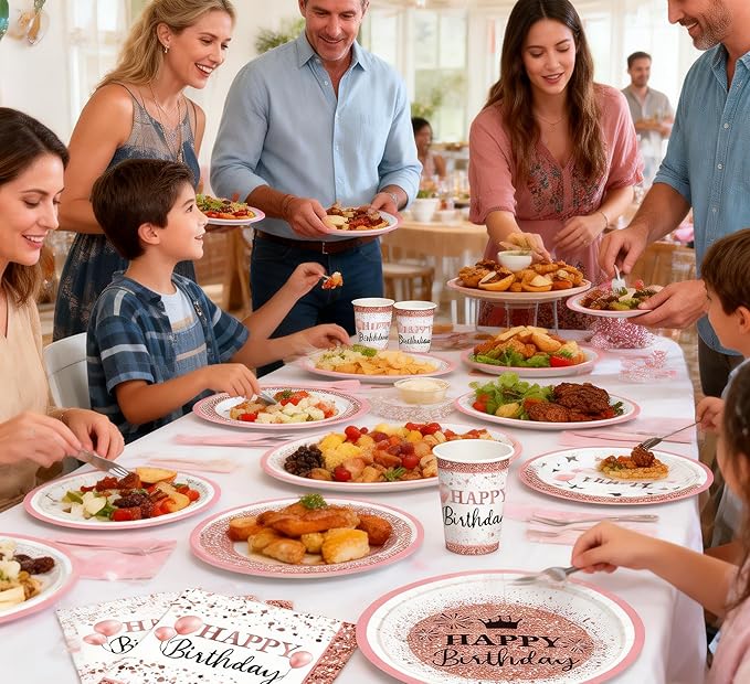 175-Piece Pink Rose Gold Birthday Party Supplies for 25 Guests – Disposable Plates, Cups, Napkins & Cutlery Set, Elegant Princess Party Tableware