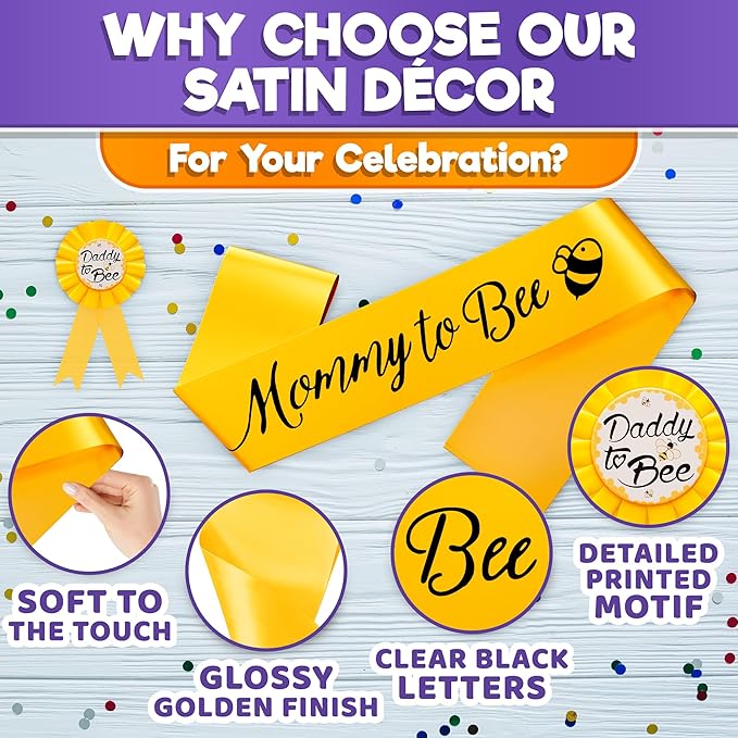 Yellow Mommy to Bee Baby Shower Decorations - Beautiful Gold Mom to Be Sash Baby Shower with Dad to Be Pin for Gender Reveal - Cute, Easy to Wear Mom Sash with Elegant Bee Design for Boys & Girls