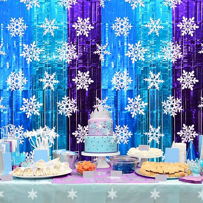 Winter Princess Birthday Party Decorations, 2 Pack Ice Birthday Party Supplies 3.3x6.6ft Tinsel Foil Fringe Curtains, Winter Photo Booth Prop Backdrop Streamer, Snowflake Birthday Party Decor