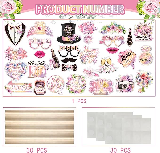 30 Pieces Wedding Photo Booth Props Wedding Bridal Shower Photo Booth Prop Bachelorette Party Decorations Photo Booth for Bridal Shower Gift Accessories Favor Supplies (Pink)