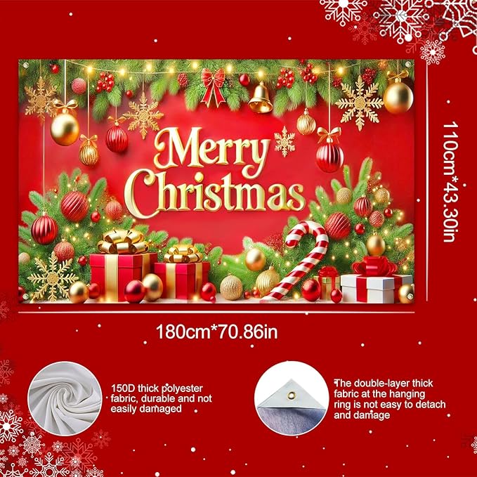 Merry Christmas Backdrop 71x43 Inches Red and Gold Gift Box Scene Banner Holiday Party Photography Background Indoor Outdoor Christmas Decorations for Wall or Door