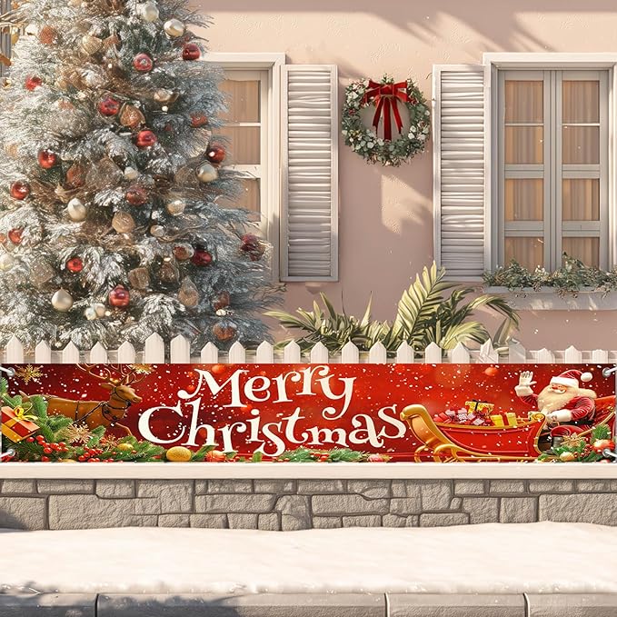 Merry Christmas Decorations Banner Polyester Fabric Santa Sleigh Reindeer Holiday Design Outdoor Porch sign for Indoor Outdoor Garden Fence Party 118x20 Inch Supplies Banners