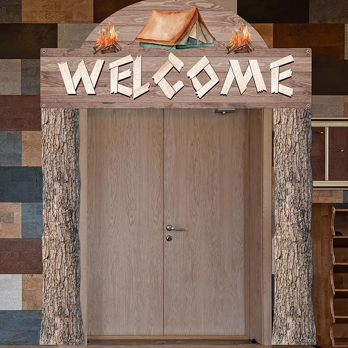 Peryiter 3 Pcs Camping Themed Party Decorations Banner Welcome Porch Sign with 1 Double Sided Tape for Summer Camp Birthday Hawaii Baby Shower Themed Party Activity Decor Door(Natural Style)