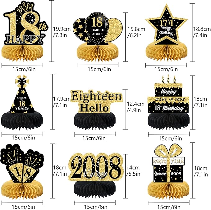 9Pcs Black Gold 18th Birthday Decorations Honeycomb Centerpieces for Boys Girls,Happy 18th Birthday Centerpieces Tables Toppers Party Decorations Supplies,Vintage 2008 Aged Table Sign Decor