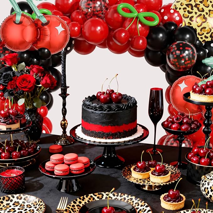 JOGAMS 172Pcs Betty Party Decorations,Cheetah Print Red Black Party Decorations with Confetti Polk Dot Cherry Cheetah Print Green 260 Balloons for Bachelorette Birthday Baby Shower Vintage Retro Party