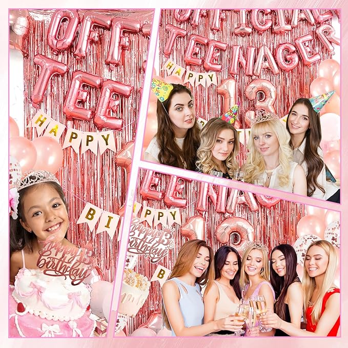 13th Birthday Decorations for Girls, Official Teenager Party Supplies Rose Gold Foil Balloons, Tiara Tassel Curtains Sash Balloons Numbers Banner Cake Topper for 13 Birthday Girl Decorations