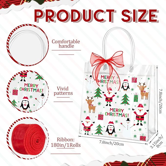 Henoyso 12 Pcs Christmas Clear Gift Bags Plastic Candy Treat Goodie Bags Red Foil Santa PVC Wrap Totes with Handles and Ribbon Xmas Party Favors (Santa and Xmas Tree,7.8 x 7.8 x 3.1 Inch)