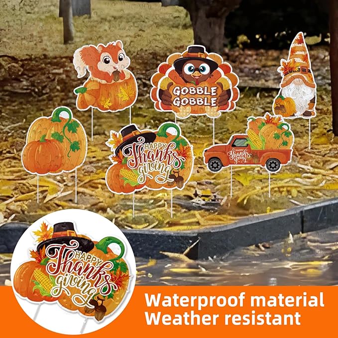 Thanksgiving Yard Signs with Stakes, 6-Pack Thanksgiving Decorations Outdoor Turkey Yard Signs, Fall Outdoor Decorations, Squirrel, Turkey, Gnome, Pumpkin, bumper harvest Car, Lawn Signs for Outside