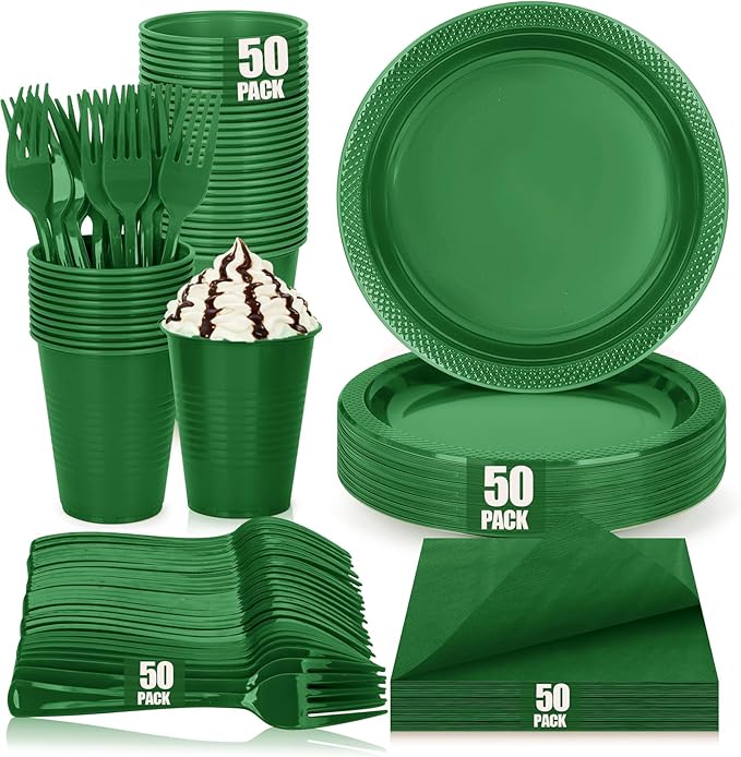 Disposable Green Plastic Plates for Party, 9'' Green Party Plates and Cups and Napkins Set for 50 Guests, Party Supplies Dinnerware for Birthday,Wedding, Christmas, BBQ