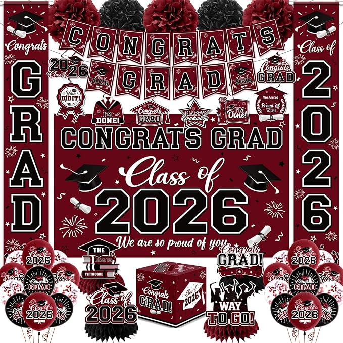 Graduation Decorations 2026 Maroon Party Decor Set with Congrats Grad Banner, Class of 2026 Backdrop, Balloons, Box & Streamers Supplies for High School & College Celebrations