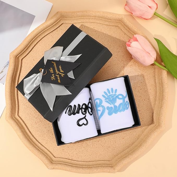 Bride Socks for Wedding Day 2 Pairs - Bridal Groom Socks Bride to Be Something Blue Cotton Ankle Sock with Gift Box