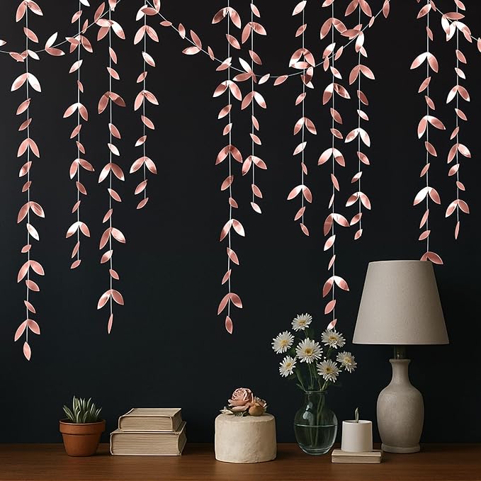 KatchOn, Rose Gold Leaf Garland – Pack of 5 | Hanging Paper Leaves Streamer Banner for Bridal Shower, Baby Shower Decorations | Rose Gold Garland for Birthday Decorations, Bachelorette Party Decor