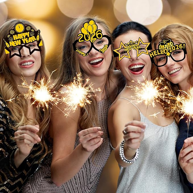 16PCS Happy New Year Glasses, New Year Paper Eyeglasses Photo Booth Props for 2026 New Year's Eve Party Supplies Decorations