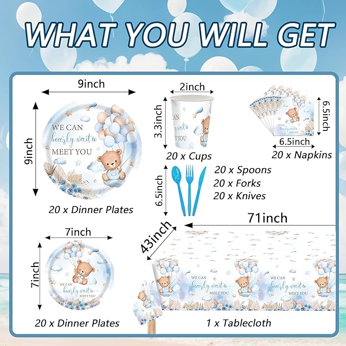 Baby Shower Party Supplies Set, We Can Bearly Wait Theme, 141 Pieces with Plates, Napkins, Cups and Tableware for 20 Guest Blue and Brown Bear Design Cuterly for Bear Babys Party