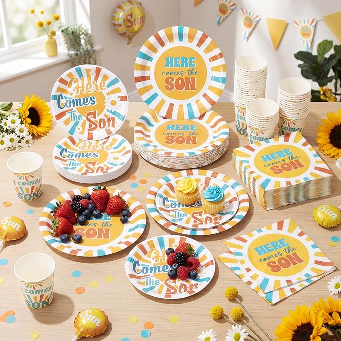 250 Pcs Here Comes The Son Baby Shower Party Decorations Boho Sun Rainbow Disposable Paper Plates Napkins and Cups Tableware Set for Sunshine Boy Baby Shower Party Supplies, Serves 50