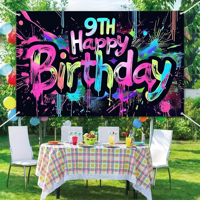 Neon 9th Happy Birthday Banner 71x43 Inch Paint Splatter Glow in The Dark Party Backdrop Colorful Wall Decor for Kids Boys Girls Ninth Birthday Celebrations Photo Booth Props Event
