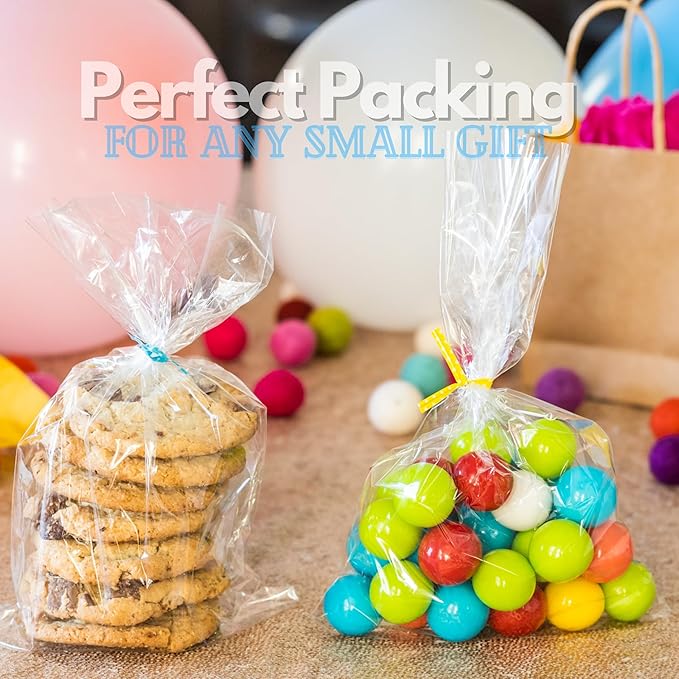 TATTI 100 Pack Clear Cellophane Bags for Favors - Transparent Goodie Bags for Birthday Party, 6x10 Inch Clear Bags with 5-Inch Twist Ties - Candy, Treat, Cookie Bags for Gift Giving