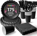 Vyntra 175 Pcs Black Disposable Paper Plates and Napkins Set for 25, 9" Dinner Plates & 7" Dessert Plates, Tableware for Birthday, Graduation, Wedding, Party