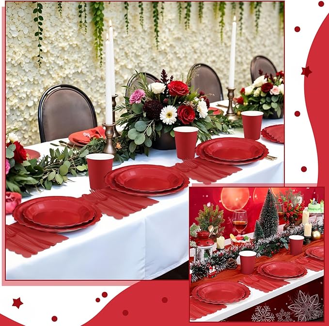 175 Pcs Red Plates and Napkins, 25 Guest Red Party Decorations Include Paper Plate and Napkins Cups Plastic Spoons Forks Knives for Birthday, Picnic, Graduation