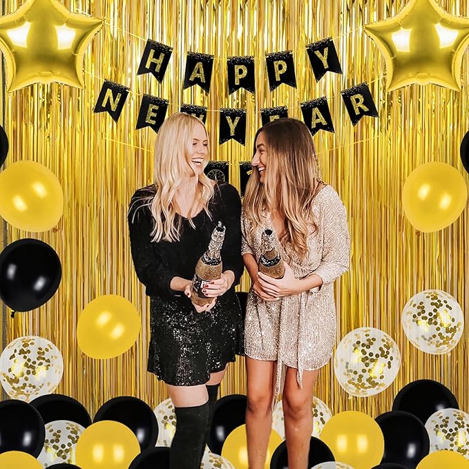 New Years Eve Party Supplies 2026, 2026 Happy New Year Banner Gold Fringe Curtains Black Gold Balloons for Happy New Year Decorations 2026 NYE Party Supplies