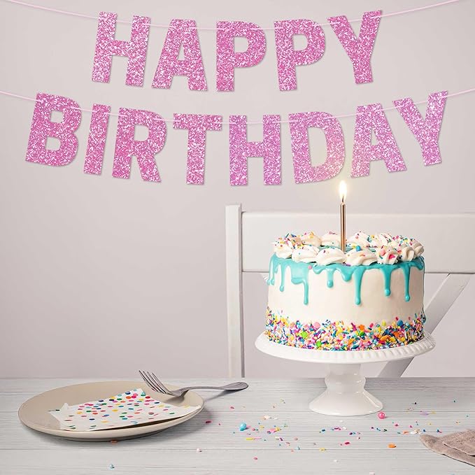 Pre-strung Happy Birthday Banner - No DIY - Pink Glitter Happy Birthday Party Banner for Girls & Women - Pre-strung on 8 ft Strands - Light Pink Bday Party Decorations & Decor. Did We Mention No DIY