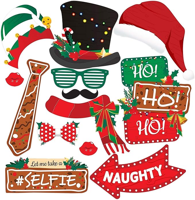 Christmas Photo Booth Props 38pc Set - Christmas Party Decorations, Party Favors, Games & Supplies for Kids Adults - Christmas Photo Props Backdrop Table Decorations Accessories