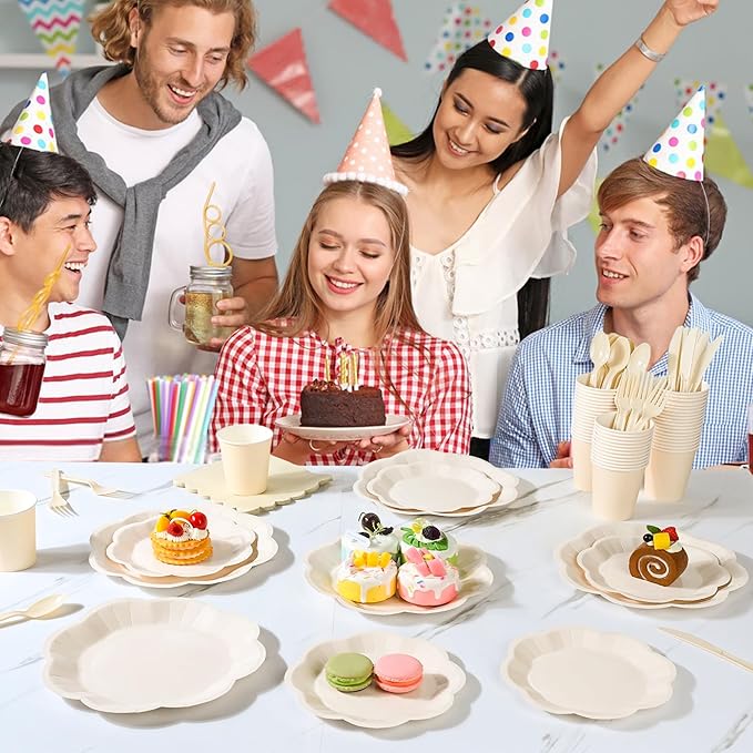 400 Pcs Ivory Paper Plates and Napkins Tableware Set, Ivory Birthday Decorations for 50 Guests Include Scalloped Paper Plate Napkins Cups Plastic Knives fork and spoon for Baby Shower Wedding Birthday