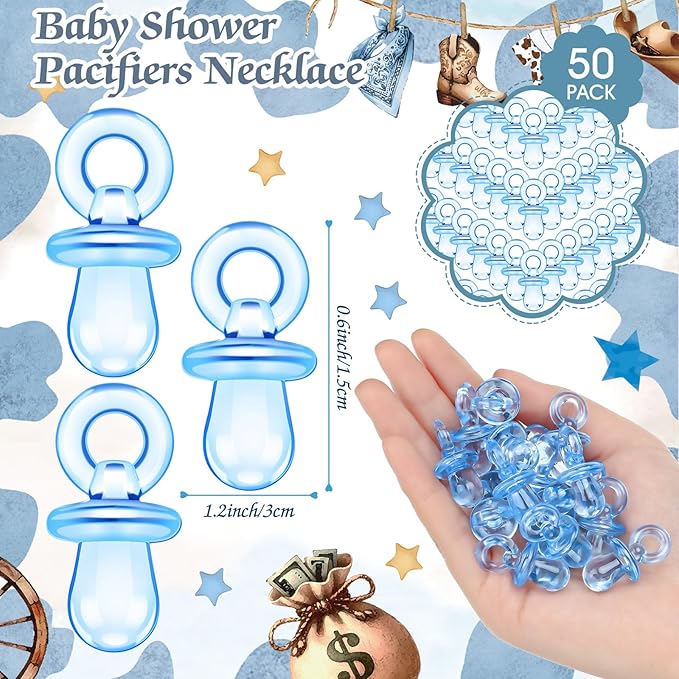 Thyle 51 Pcs Cowboy Pacifier Hunt Baby Shower Games Boys Include Hunt Sign and 50 Acrylic Pacifiers for a Little Cowboy Is on The Way Theme Baby Shower Game Decoration for Gender Reveal Party Decor