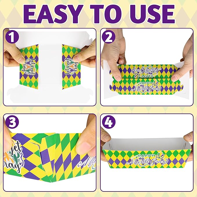 100 PCS Mardi Gras Decorations, 5.94" Plaid Stripe Snack Trays, Purple Gold Design Hot Dog Trays Mardi Gras Paper Trays for Food, Fat Tuesday Table Decorations Masquerade Party Decorations