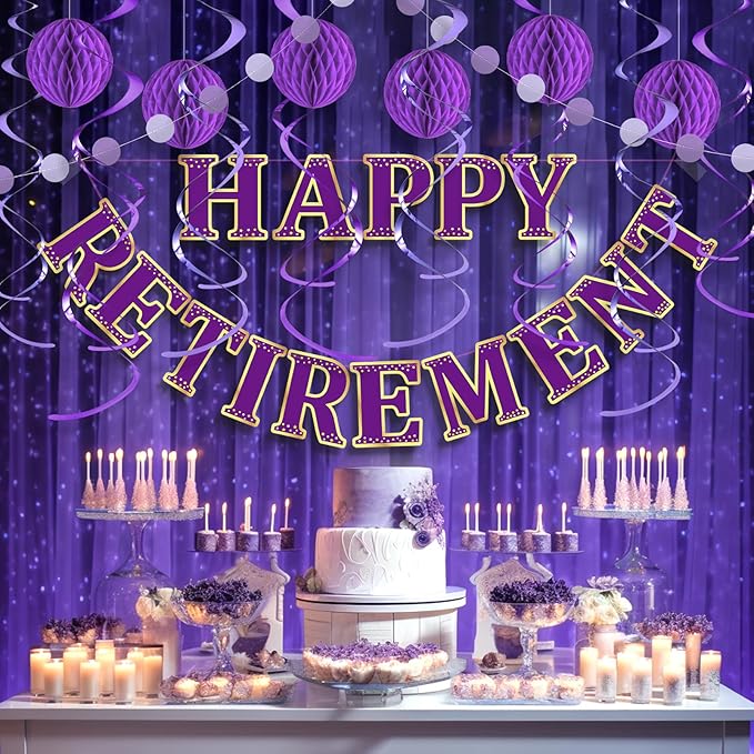 Retirement Party Decorations Kit for Women - 16-Piece Elegant Purple Set with Pre-Strung Banner, Honeycomb Balls, Swirls & Garland | Instant Setup Party Decor | Retirement Gifts & Supplies