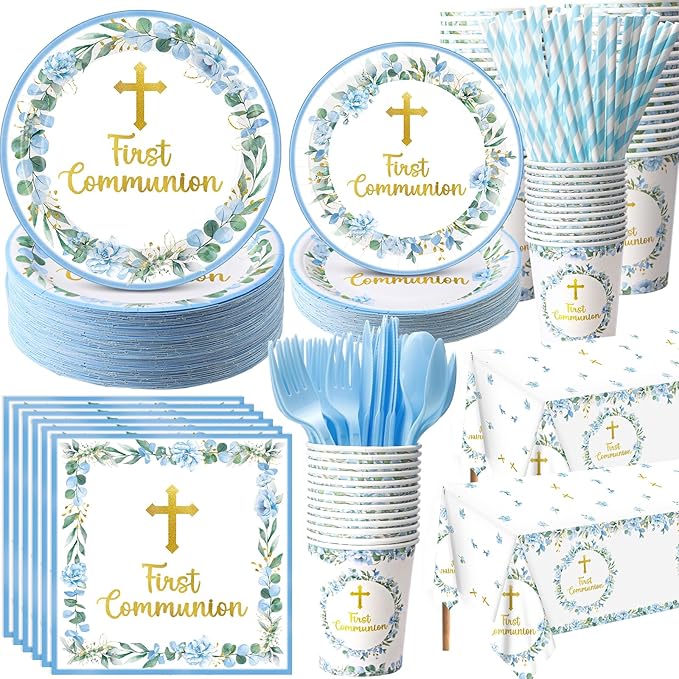 Ceenna 452 Pcs First Communion Party Decoration Boy for 50, Blue Baptism Paper Plate Napkin Cup Tablecloth Cutlery Straw God Bless Disposable Tableware for Christening Religious Baby Shower Supplies