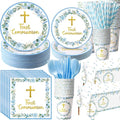 Ceenna 452 Pcs First Communion Party Decoration Boy for 50, Blue Baptism Paper Plate Napkin Cup Tablecloth Cutlery Straw God Bless Disposable Tableware for Christening Religious Baby Shower Supplies