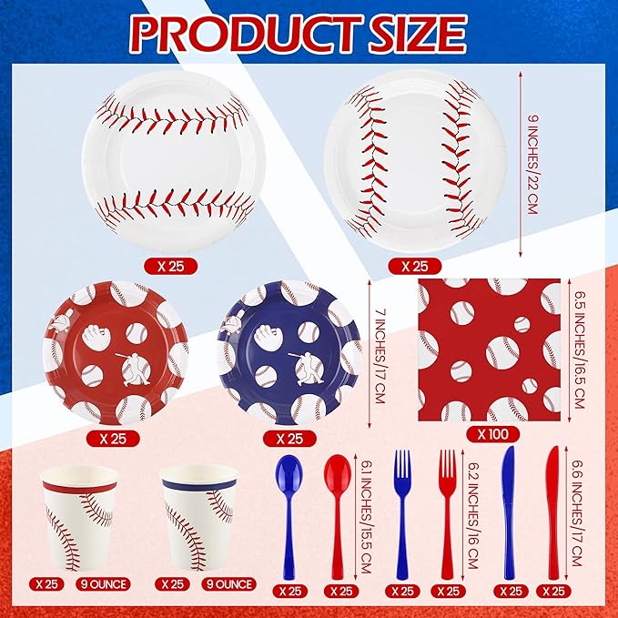 Kochorie 400 Pieces Baseball Disposable Tableware Sets, Baseball Party Supplies with Plates Cups Napkins Cutlery Serves 50 for Birthday Sports Party Decorations
