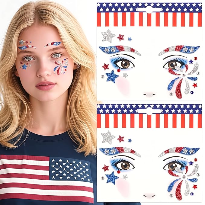 2 Sheets USA Flag & Stars Glitter Face Tattoo Jewelry, 4th of July Celebration Face Gems with Assorted Designs, Sparkle Red Blue Glitter in Independence Day, Parades, Parties & More (style4)