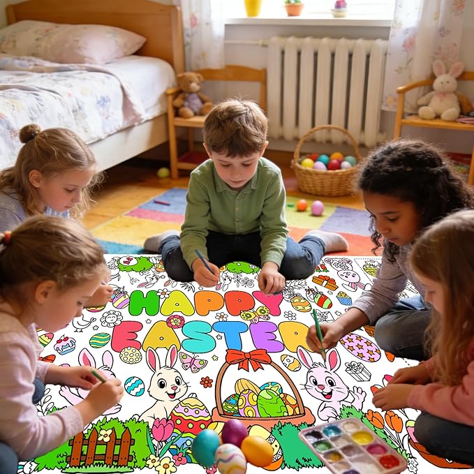 Easter Giant Coloring Poster for Kids,30x72 Inch Happy Easter Crafts Drawing Paper Coloring Tablecloth DIY Art Crafts for Kids Party Bunny Egg Themed Activity Home Classroom Party Suppiles