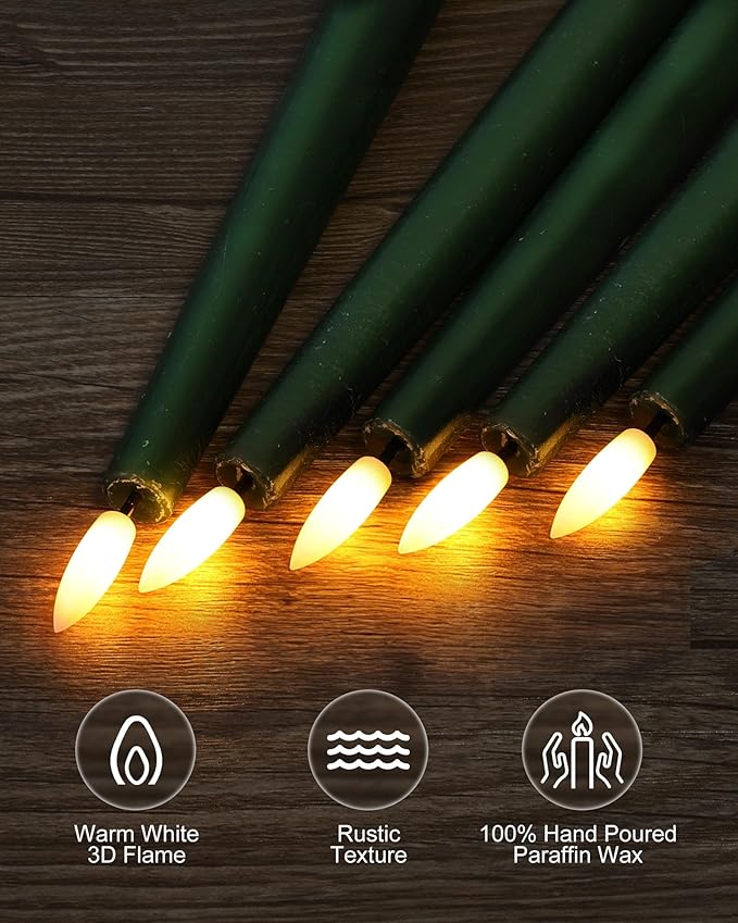 Green Flameless Taper Candles with Remote and Timer, 9.65 Inch Real Wax LED Candlesticks, Dripless Battery Operated Tall Candles with 3D Flickering Flame, 6 Pack