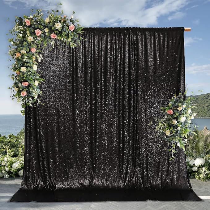 PartyDelight Black Sequin Backdrop 10x10ft - High Density 3mm Shimmer Sequin Background with 4-Inch Rod Pocket, Sparkly Photography Curtain for Wedding, Gala, Stage & Large Event Decor