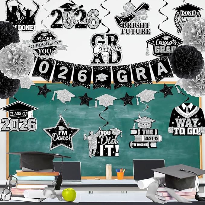 Black and Silver Graduation Decorations 2026, 2026 Grad Banner and Congrats Grad Hanging Swirls, Silver Graduation Banner Graduations Hanging Swirls College Graduations Party Decorations Class of 2026